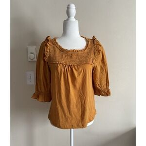 NWT Anthropologie Smocked Short Sleeve Shirt Mustard Sunflower Medium Boho